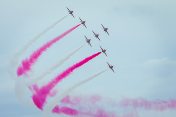 Gdynia, Pomorskie, Poland - August 17, 2019: The Saudi Hawks Aerobatic planes at Gdynia Aerobaltic...