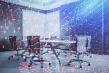 Double exposure of technlogy theme abstract hologram on conference room background. Concept of hightech