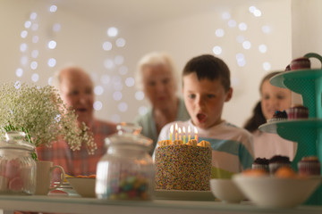 Multi-generation family celebrating birthday of grandson