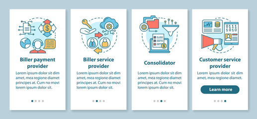 Billing services onboarding mobile app page screen with linear concepts. Biller payment, advice provider. Four walkthrough steps graphic instructions. UX, UI, GUI vector template with illustrations