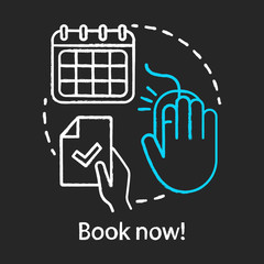 Book now, hot travelling tours chalk concept icon. Holiday resort, interest club online booking website idea. Summer camp application, signup webpage. Vector isolated chalkboard illustration