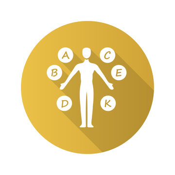 recommend clip art: Body vitamins yellow flat design long shadow glyph icon. A, B, C, D, E, K multivitamins. Vital minerals and antioxidants. Healthcare and medicine. Vector silhouette illustration