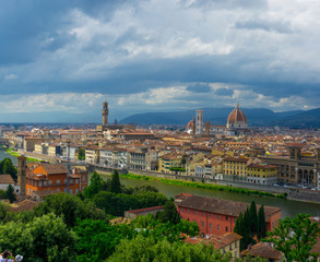 Fototapeta na wymiar Florence, Cathedral of Santa Maria del Fiore, river and bridges.