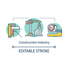 Naklejka premium Construction industry concept icon. Design and building of houses. Housing sector. Real estate development idea thin line illustration. Vector isolated outline drawing. Editable stroke