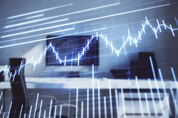 Stock market chart and desktop office computer background. Multi exposure. Concept of financial analysis.
