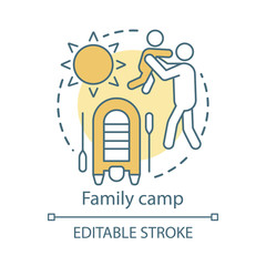 Family camp concept icon. Summer parents and children club, holiday resort idea thin line illustration. Kids and adults activity, interest. Vector isolated outline drawing. Editable stroke