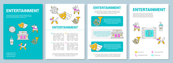 Entertainment industry template layout. Cinema, music and events. Flyer, booklet, leaflet print design with linear illustrations. Vector page layouts for magazines, annual reports, advertising posters
