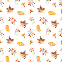 Seamless pattern with watercolor oak leaves, sprigs, mushrooms, bird. Illustration isolated on white. Hand drawn autumn items perfect for wallpaper, poster, vintage design, print, fabric textile
