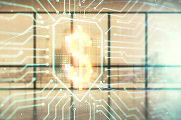 Double exposure of business theme hologram on empty room interior background. Business concept