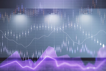 Double exposure of financial graph on empty room interior background. Forex market concept.