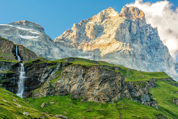 Obraz premium Cervinia - view of Cervinio Mountain - Landmark of Alps - history of mountaineering