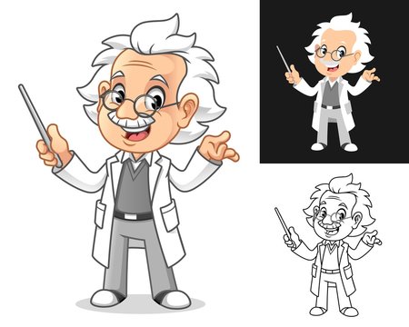 Happy Old Man Professor with Glasses Holding a Pointer Stick Cartoon Character Design, Including Flat and Line Art Designs, Vector Illustration, in Isolated White Background.