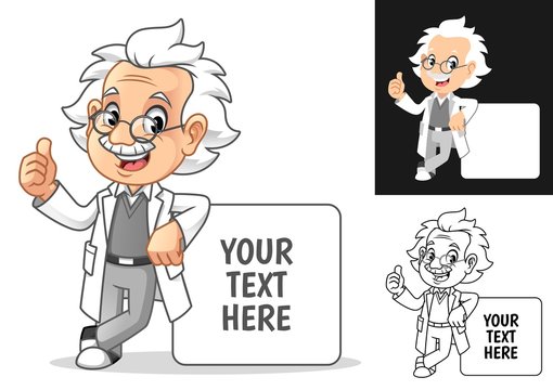 Happy Old Man Professor with Glasses Leaning on Empty Board Cartoon Character Design, Including Flat and Line Art Designs, Vector Illustration, in Isolated White Background.