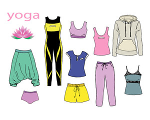 Set of women's clothing for yoga or sport. Objects isolated on white, vector black on white illustration.