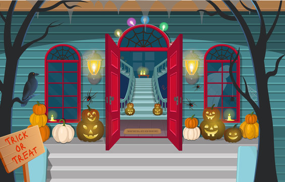 Scary house with stairs, ghosts,  doors, pumpkins. Halloween сartoon vector illustration.Decorations for a holiday.