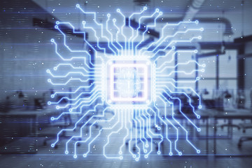 Human brain drawing with office interior on background. Double exposure. Concept of innovation.