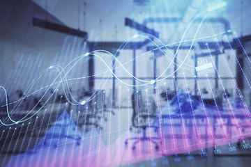 Stock and bond market graph with trading desk bank office interior on background. Multi exposure. Concept of financial analysis