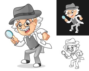 Happy Old Man Professor Detective Criminal Investigations with Glasses and Hat Holding Magnifying Glass Cartoon Character Design, Including Flat and Line Art Designs, Vector Illustration.