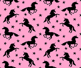 Vector seamless pattern of black unicorn silhouette isolated on pink background