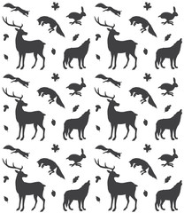Vector seamless pattern of black forest animals silhouette isolated on white background