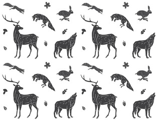Vector seamless pattern of black hand drawn sketch forest animals isolated on white background