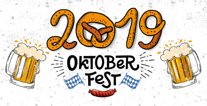 2019 Oktoberfest banner. Vector flat color illustration for German beer festival in Munich. Hand Drawn Lettering with picture of beer mug with foam, pretzel, grill sausage and Bavarian flag. Cracks ca
