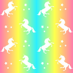 Vector seamless pattern of white unicorn silhouette isolated on rainbow gradient background
