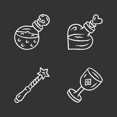 Magic chalk icons set. Magical death and love potions, witch wand, ceremonial chalice. Witchcraft, occult ritual items. Mystery objects. Isolated vector chalkboard illustrations