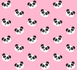 Vector seamless pattern of flat kawaii panda face isolated on pastel pink background
