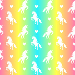 Vector seamless pattern of white unicorn silhouette and hearts isolated on rainbow gradient background