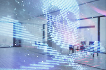 Hacking theme hologram with office interior on background. Double exposure. Concept of cyber piracy