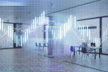 Stock and bond market graph with trading desk bank office interior on background. Multi exposure. Concept of financial analysis