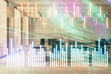 Stock market chart with trading desk bank office interior on background. Double exposure. Concept of financial analysis