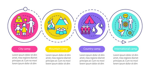 Fototapeta na wymiar Nature, abroad camps vector infographic template. Business presentation design elements. Data visualization with four steps and options. Process timeline chart. Workflow layout with linear icons