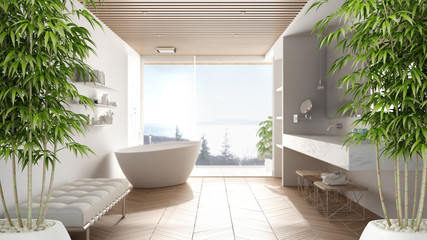Zen interior with potted bamboo plant, natural interior design concept, minimalist luxury bathroom with bathtub, shower and window, contemporary modern architecture concept idea