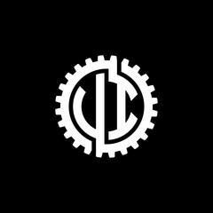 Initial letter U and I, V and I, UI, VI, interlock cogwheel gear monogram logo, white color on black background
