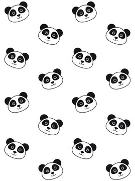 Vector seamless pattern of flat cartoon kawaii panda face isolated on white background