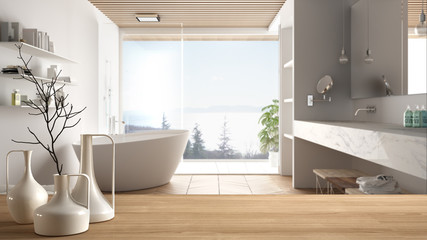 Wooden table top or shelf with minimalistic modern vases over blurred minimal luxuty bathroom with panoramic window, shower and bathtub, minimalist architecture interior design