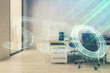 SEO icon hud with office interior on background. Double exposure. Concept of data search