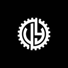 Initial letter U and Y, V and Y, UY, VY, interlock cogwheel gear monogram logo, white color on black background
