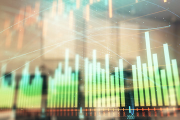 Stock market chart with trading desk bank office interior on background. Double exposure. Concept of financial analysis