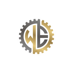 Initial letter W and E, WE, interlock cogwheel gear logo, black gold on white background