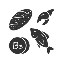 Fototapeta premium Vitamin B3 glyph icon. Bread, fish and seafood. Healthy eating. Nicotinic acid. Vitamin PP, niacin natural food source. Minerals. Silhouette symbol. Negative space. Vector isolated illustration