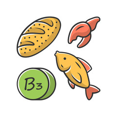 Vitamin B3 yellow color icon. Bread, fish and seafood. Healthy eating. Nicotinic acid. Vitamin PP, niacin natural food source. Proper nutrition. Minerals and antioxidants. Isolated vector illustration