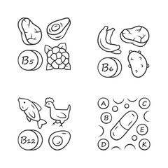 Vitamins linear icons set. B5, B6, B12 natural food source. Vitamin pills. Fruits, meat, vegetables. Minerals, antioxidants. Thin line contour symbols. Isolated vector illustrations. Editable stroke