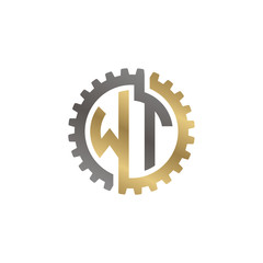 Initial letter W and T, WT, interlock cogwheel gear logo, black gold on white background