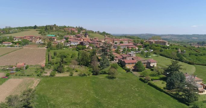 Bagnols, Beaujolais aerial view. France, lateral flight