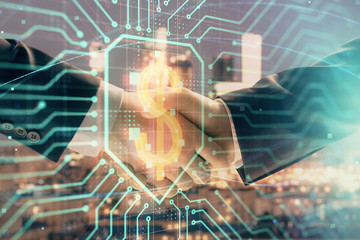 Double exposure of business theme drawing on cityscape background with handshake. Concept of partnership