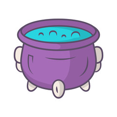 Witch cauldron violet color icon. Brew potion. Wicked witchcraft & sorcery. Witch soup. Iron pot, boiler with boiling magical poison, liquid. Halloween wizard item. Isolated vector illustration