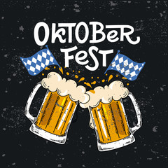 Oktoberfest. Vector flat illustration for German beer festival in Munich. Chalk Lettering with picture of beer mug with foam and Bavarian flag. Clink glasses- Prost! Cracks can be removed